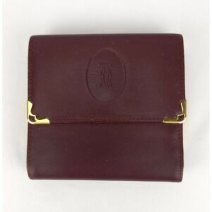 Vintage Cartier Burgundy Leather Tri Fold Wallet Gold Trim Kisslock‎ Coin Purse